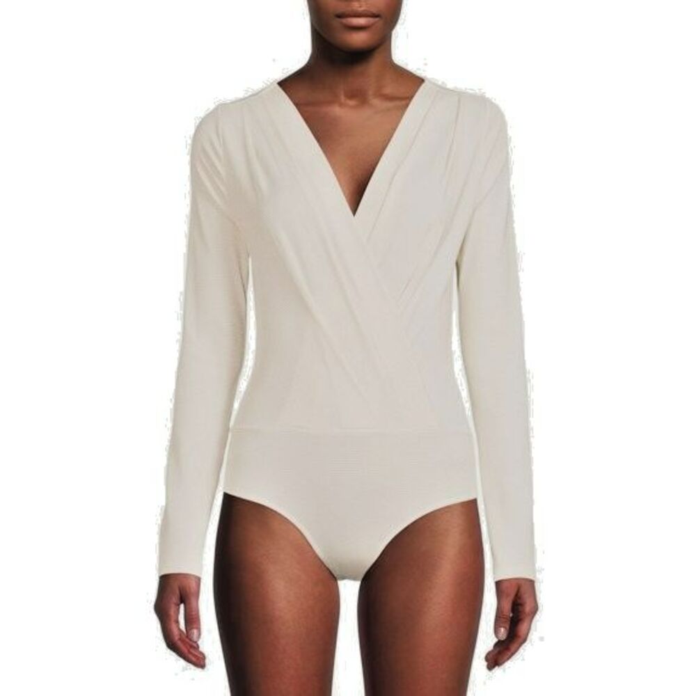 No Boundaries Juniors' Shine Bodysuit Ivory Sparkle Super soft V-neck Wrap front